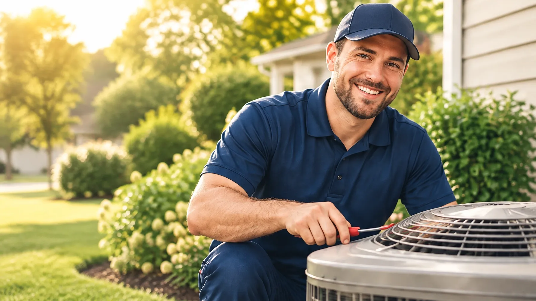 Hoosier Man HVAC technician servicing a home's outdoor air conditioner